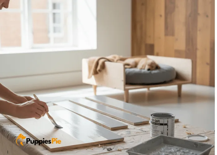 DIY Dog Crate Makeover on a Budget 17 Person painting wooden panels with pet-safe, non-toxic paint, allowing them to dry completely to match home décor.
