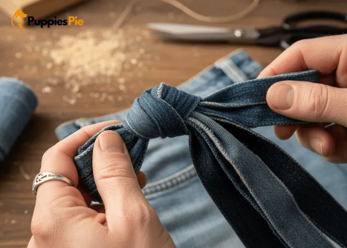 Recycled Jeans Dog Toy: A DIY Craft 5 Denim strips gathered and tied into a firm knot at one end to start braiding a DIY dog toy.