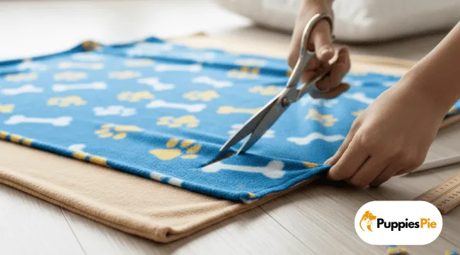 Make a DIY No-Sew Dog Bed from a Pillow 9 A person's hands are using large scissors to cut a strip from the edge of a double layer of fleece fabric: a top layer of blue with yellow paw prints and white bones, and a bottom layer of solid tan. The fabrics are laid flat on a light wooden floor, with a ruler visible in the background.