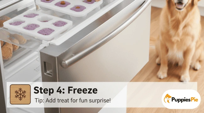 
A Golden Retriever sits on a wooden floor next to a stainless steel refrigerator. Two white silicone molds filled with purple fruit purée are being placed into the freezer section. A banner at the bottom reads, "Step 4: Freeze. Tip: Add treat for fun surprise!"