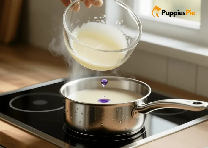 Dog Paw Balm DIY: A Safe & Edible Recipe 3 Melted paw balm mixture being stirred in a bowl after adding a drop of lavender oil, ensuring all ingredients are fully blended.