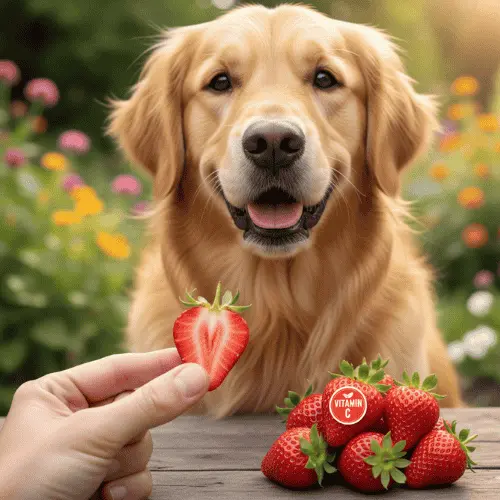 A Golden Retriever sitting outdoors, smiling happily, while a person's hand holds up a halved strawberry toward the dog. A small pile of whole strawberries, one with a "Vitamin C" sticker, sits on a wooden table in the foreground.