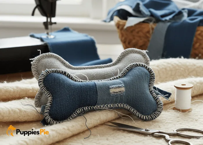 Recycled Jeans Dog Toy: A DIY Craft 11 DIY denim bone shaped stuffed dog toy sewn and filled with soft fabric scraps for cuddly play.
