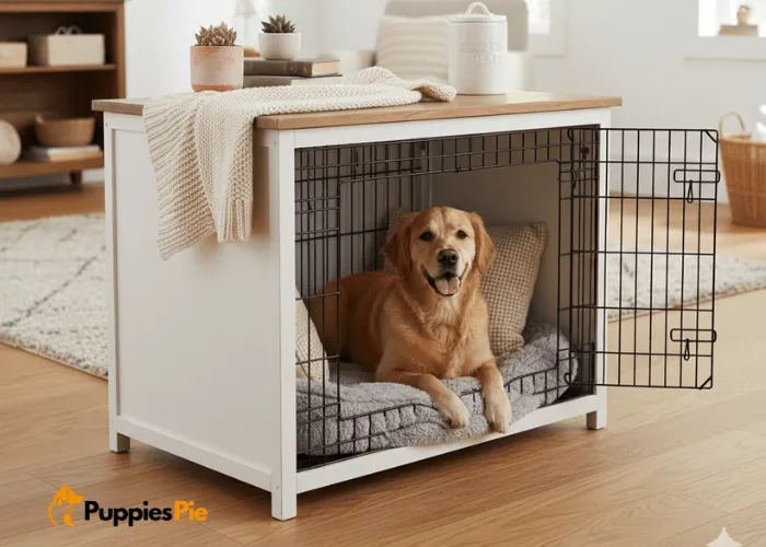 DIY Dog Crate Makeover on a Budget 2 A stylish dog crate seamlessly integrated into a living room, functioning as an end table with decorative items on top, showcasing a blend of modern design and pet functionality.