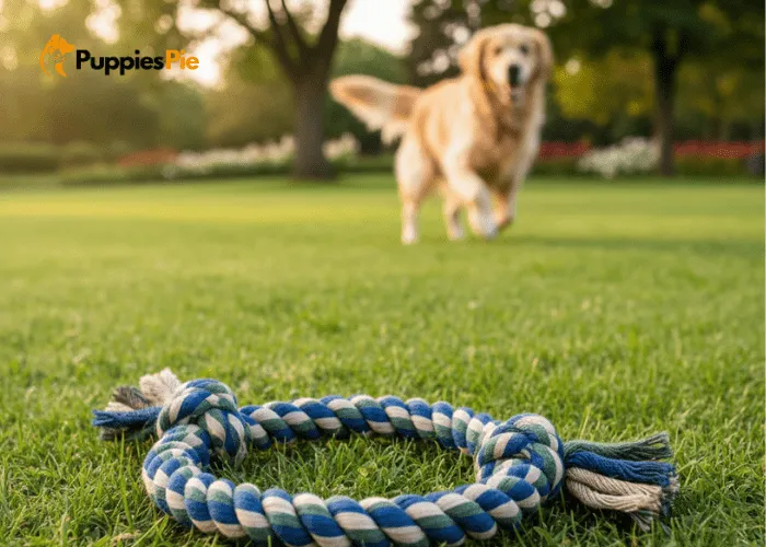 A braided fabric dog toy shaped into a ring, with colorful strips and a secure knot where the ends meet, resting on a wooden surface.