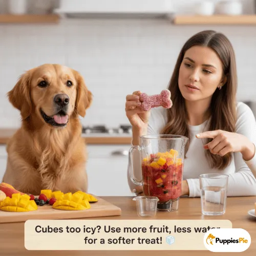 A Golden Retriever sits beside a wooden counter, looking at a woman who is holding up a bone-shaped, pink frozen treat and pointing to a blender pitcher filled with a red, chunky fruit mix (including mango, blueberries, and other fruits). On the counter are a cutting board with mango chunks and berries, a glass of water, and a measuring cup. A banner at the bottom reads, "Cubes too icy? Use more fruit, less water for a softer treat!"