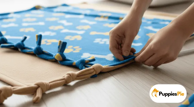Make a DIY No-Sew Dog Bed from a Pillow 10
A close-up of a person's hands tying the fringe strips of two layers of fleece fabric—a blue layer patterned with yellow paw prints and white bones, and a solid tan layer—to create a no-sew blanket or dog bed. Some knots are already completed in both blue and tan fringe.