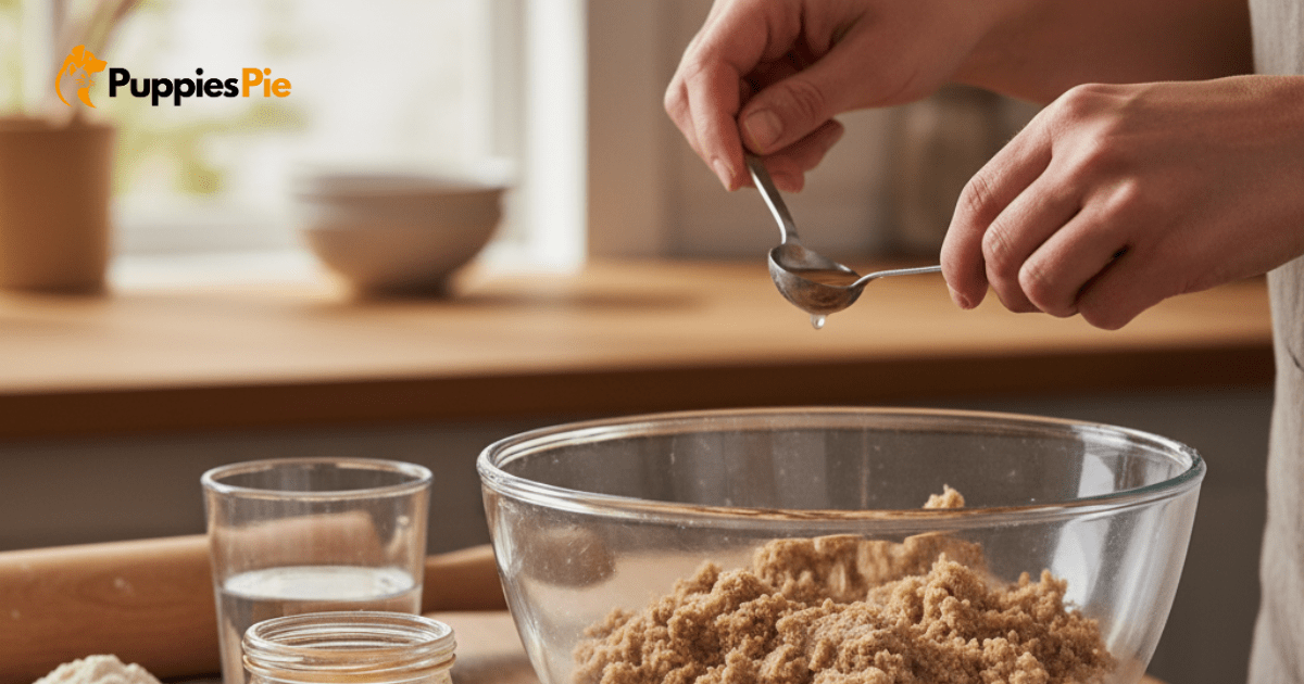 Hands adding a spoonful of water to a bowl of dry, crumbly dough, with applesauce visible nearby, illustrating how to fix overly dry dough.