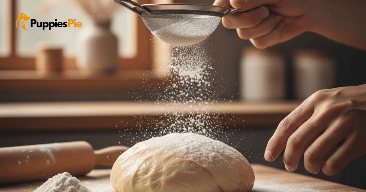 Hands dusting flour onto a sticky ball of dough on a wooden surface, ready for kneading, demonstrating how to make the dough manageable.