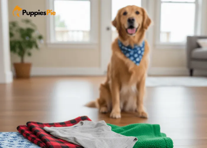 No-sew dog bandana supplies: fabric, sharp scissors, a ruler or measuring tape, fabric chalk, and optional pinking shears for zigzag edges.