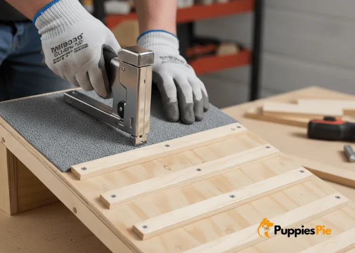 Build a Dog Ramp for Sofa/Bed 4 Adding carpet or rubber to the dog ramp surface and stapling it securely to provide safe traction for pets.