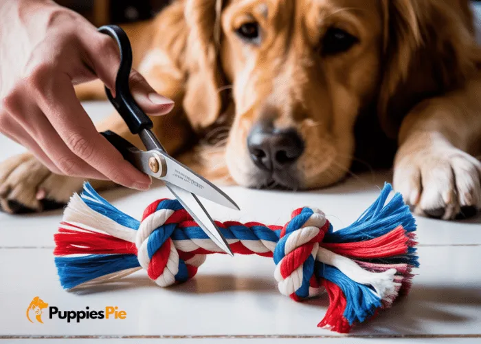 A braided fabric dog toy with a red rubber ball securely woven into its center, demonstrating how to integrate an additional toy element.