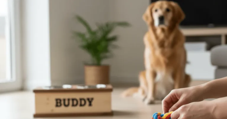 A vibrant, braided rope tug toy for dogs, lying on a natural surface, inviting play and highlighting the fun of a DIY dog craft.