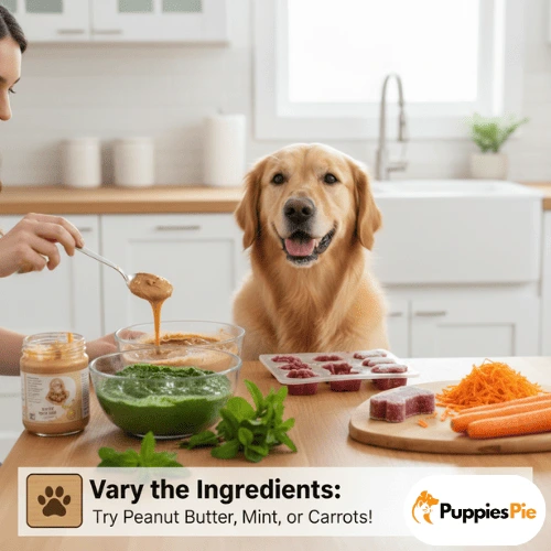 
A Golden Retriever sits at a kitchen counter, happily looking at a person who is stirring or scooping peanut butter into a bowl of light brown purée. On the counter are bowls of green purée (likely mint), a jar of peanut butter, a pink silicone mold with paw-shaped cavities, a cutting board with shredded carrots, and a whole carrot. A banner at the bottom reads, "Vary the Ingredients: Try Peanut Butter, Mint, or Carrots!"