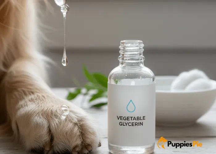 Bottle of vegetable glycerin used in homemade dog shampoo as a natural moisturizer to keep a dog’s skin hydrated and coat soft.