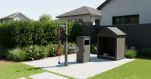 Puppies Pie 17 Neatly organized dog walking station at home with leashes, collars, waste bags, and treats arranged on hooks and shelves near the door.