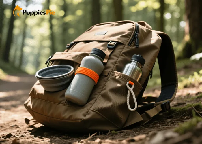 Person attaching an elastic loop to a backpack to hold a water bottle and collapsible dog bowl securely for travel.