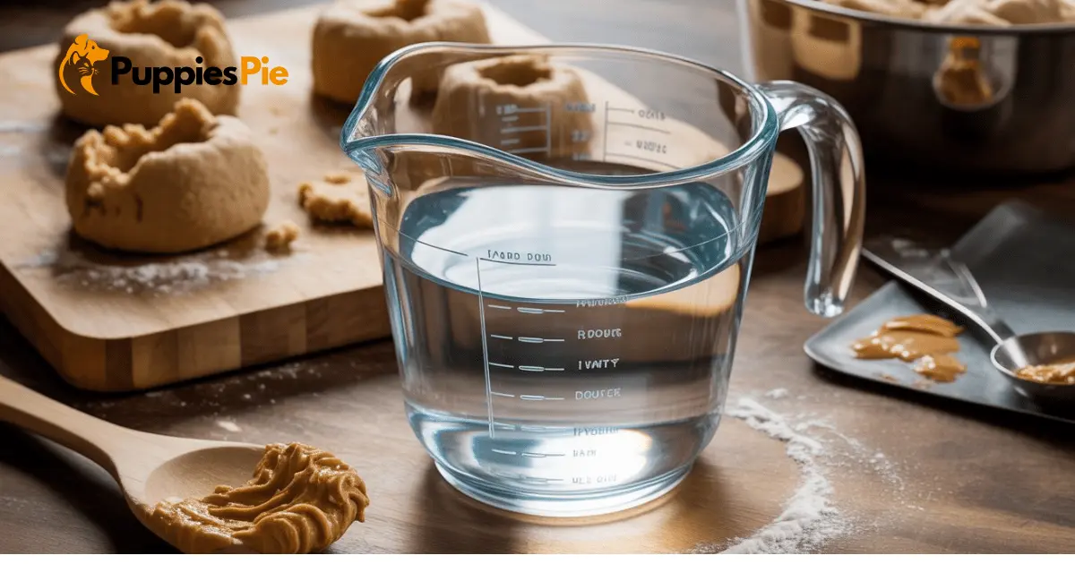 A clear glass of water next to a mixing bowl, indicating its purpose in hydrating and forming the biscuit dough.