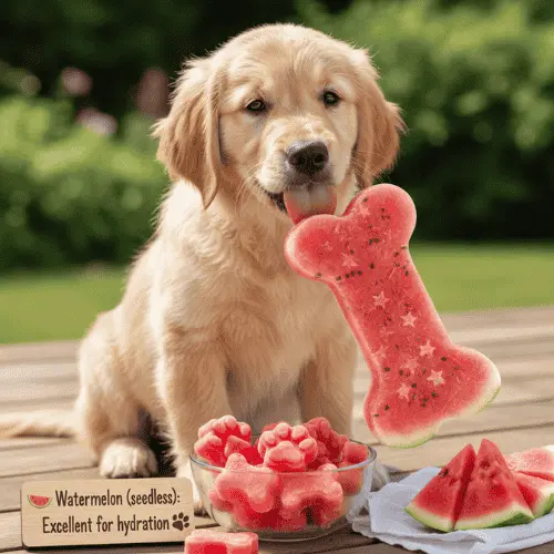 A Golden Retriever puppy sits on a wooden deck, licking a large, bone-shaped frozen treat made of watermelon. In the foreground, there is a glass bowl of smaller paw-print and heart-shaped watermelon treats, slices of fresh watermelon, and a small wooden sign that reads: "Watermelon (seedless): Excellent for hydration."
