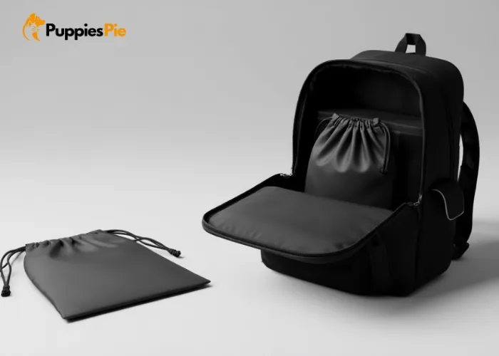 Homemade waterproof nylon drawstring pouch being placed inside a backpack to store dog kibble and prevent spills or oil stains.