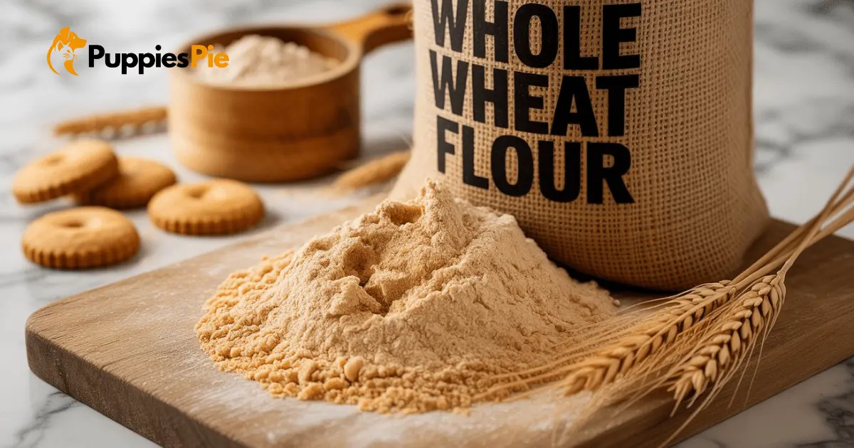 A bag of whole wheat flour next to a measuring cup, representing the essential base ingredient for dog biscuits, with gluten-free alternatives implied.