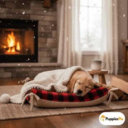 Make a DIY No-Sew Dog Bed from a Pillow 17 A Golden Retriever puppy is peacefully sleeping, curled up on a small, red and black buffalo plaid dog bed with a tan base and fabric ties, covered by a cozy, cream-colored sherpa blanket with pom-poms. The scene is indoors next to a fireplace with a roaring fire, with snowflakes visible outside a window, suggesting a warm winter atmosphere. A mug on a small wooden stool and stacked firewood are in the background.