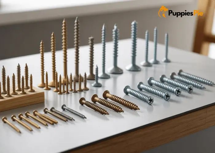 Wood screws used to tightly fasten and hold the pieces of the woodworking station together for stability.