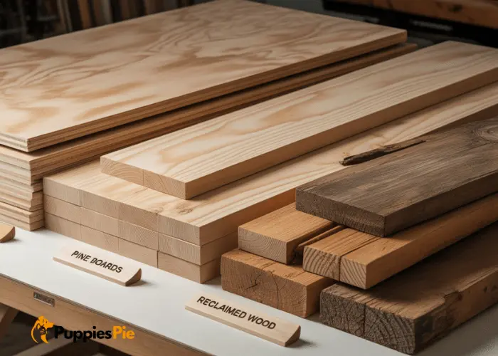 A selection of wood types plywood, pine boards, and reclaimed wood displayed for a DIY project, highlighting options for durability and ease of use based on dog size.