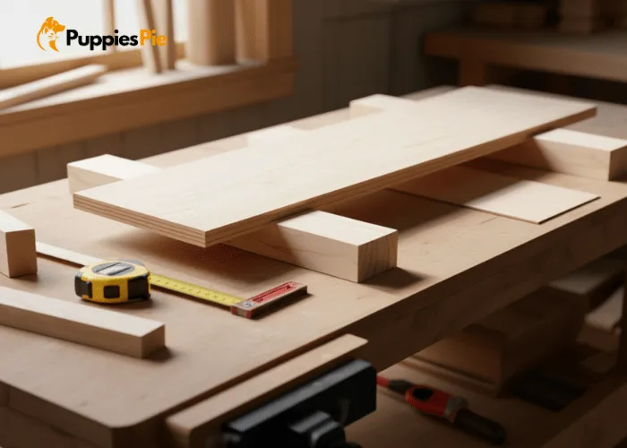 Custom Dog Bowl Stand DIY: A Step-by-Step Guide for You 2 Wood pieces measured and cut for a DIY dog bowl stand, including top, side, and support panels laid out on a workbench.