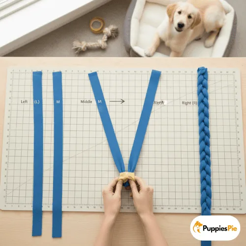 Hands twist a yellow piece of fabric around three blue fabric strips to start braiding a toy, with a puppy watching.