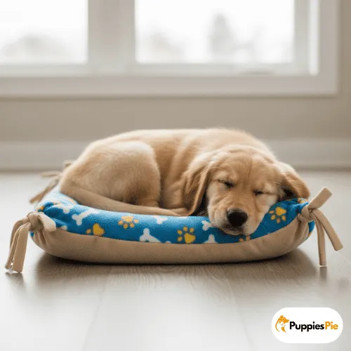 Make a DIY No-Sew Dog Bed from a Pillow 15 A Golden Retriever puppy is curled up and sound asleep on a comfortable, low-profile, DIY no-sew dog bed. The bed features a blue fleece top with yellow paw prints and white bones, tied together with a tan fleece base, and rests on a light wooden floor in front of a window.