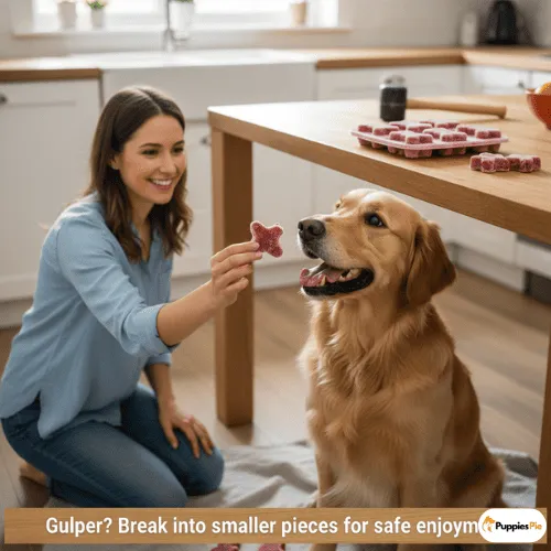 A smiling woman kneeling on the floor offers a small, pink, star-shaped frozen dog treat to a sitting Golden Retriever in a kitchen. A pink silicone mold filled with similar treats sits on a wooden table behind them. A banner at the bottom reads, "Gulper? Break into smaller pieces for safe enjoyment!"