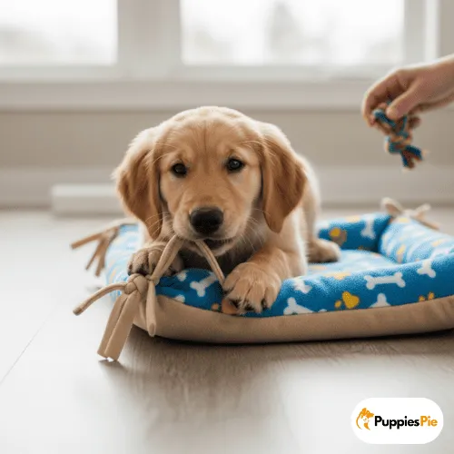 Make a DIY No-Sew Dog Bed from a Pillow 19 A Golden Retriever puppy is lying on a low-profile, DIY no-sew dog bed, made from blue and tan fleece, and is chewing on one of the tied fabric tassels on the side of the bed. A person's hand is visible in the background, holding a small rope toy.