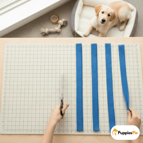 A high-angle view of a person cutting strips from a long piece of blue fabric laid flat on a beige cutting mat, using scissors. Four parallel strips of blue fabric are already cut and arranged vertically. In the background, a Golden Retriever puppy is lying in a light gray dog bed, looking at the camera, with a rope toy nearby.