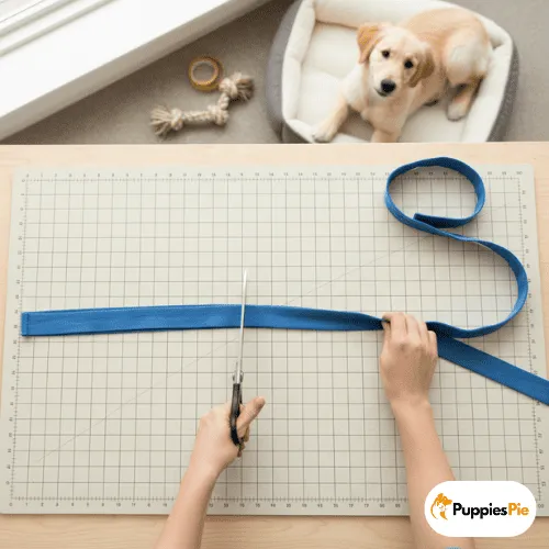 A high-angle view of a person's hands using scissors to cut a long strip of blue fabric, likely from a t-shirt, laid out on a beige self-healing cutting mat. In the background, a Golden Retriever puppy is lying on a dog bed, looking at the camera, with a rope toy nearby on the floor.