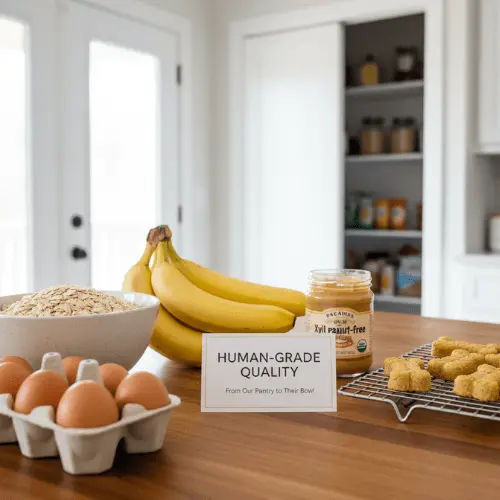 3-Ingredient Homemade Dog Treats: Easy & Healthy 4 Fresh, human-grade ingredients like bananas, a carton of eggs, a bowl of oats, and xylitol-free peanut butter on a kitchen counter, with baked dog treats cooling on a rack. A sign emphasizes 'Human-Grade Quality: From Our Pantry to Their Bowl'