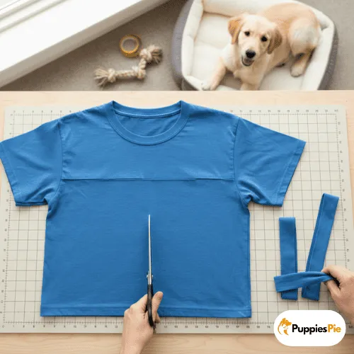 A high-angle view of a person using scissors to cut the bottom half of a blue t-shirt laid flat on a cutting mat. The person's hands are visible, along with two strips of the cut fabric. In the background, a Golden Retriever puppy is lying on a white and gray dog bed, looking up at the camera. A rope toy is also visible on the floor.