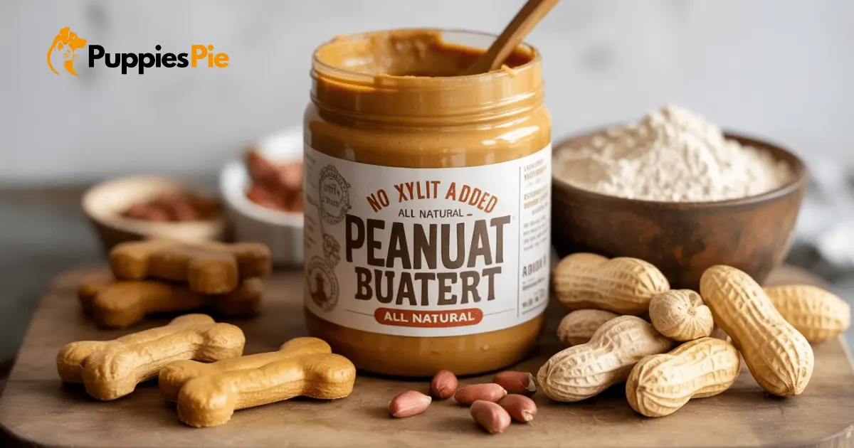 Close-up of a jar of all-natural, unsalted, xylitol-free peanut butter, highlighting the key ingredient for safe dog biscuits.
