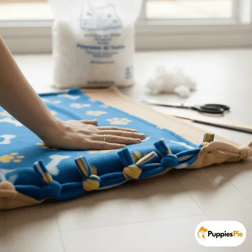 Make a DIY No-Sew Dog Bed from a Pillow 20
A person's hand is pressing down on a finished section of a no-sew project, showing the blue fleece with yellow paw prints and white bones tied to a tan fleece base. In the background, a clear plastic bag of polyester fiber fill stuffing, scissors, and a pencil are visible on a light wooden floor.