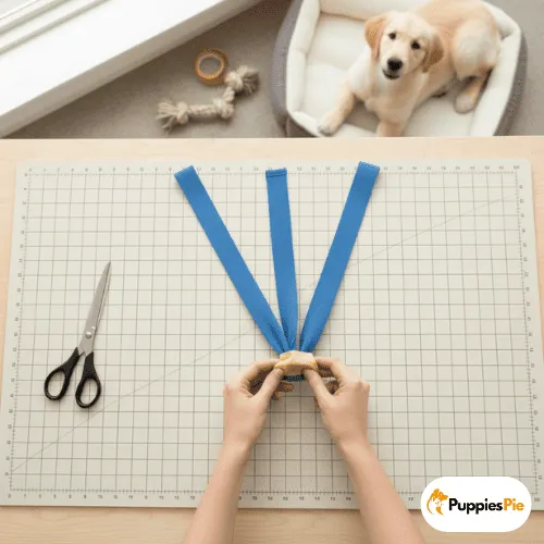 Hands twist a yellow piece of fabric around three blue fabric strips, with a puppy watching.