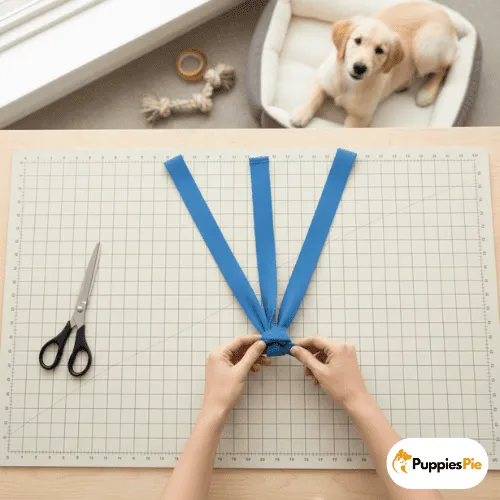 Hands knot three strips of blue fabric on a cutting mat, with a puppy watching in the background.