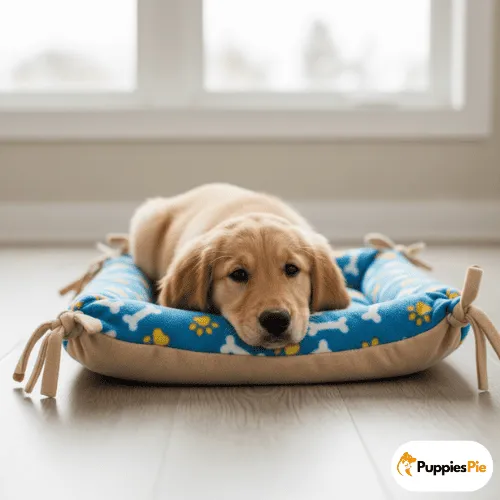 Make a DIY No-Sew Dog Bed from a Pillow 14 A Golden Retriever puppy is lying down and resting its head on a cozy, low-profile, DIY no-sew dog bed. The bed is made from a blue fleece fabric with yellow paw prints and white bones, tied together with a tan fleece base, and sits on a light wooden floor in front of a window.