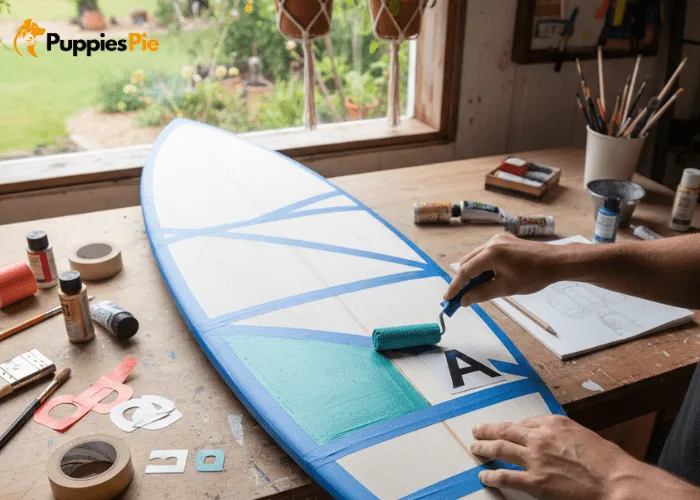 Painted treat box decorated with taped sections, stencils, and accent colors for clean designs.