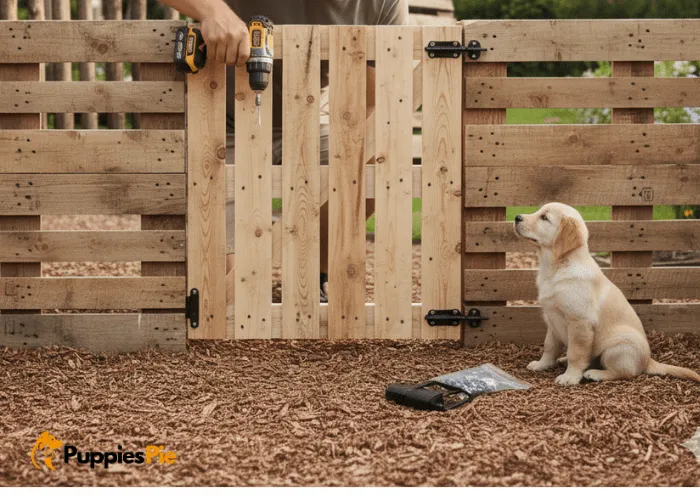 Build a Dog Fence Gate from Pallets: A Simple DIY Guide 5 Attaching a durable outdoor latch to a DIY pallet dog fence gate to prevent pets from escaping.