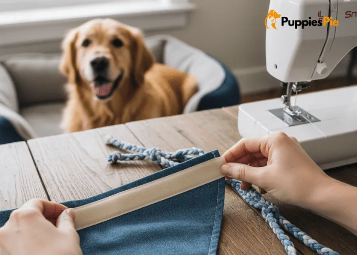 DIY Dog Costume Ideas for Fun Reels and Photos 3 Hands adding soft fabric ties to a homemade dog cape so it fits comfortably without being too tight.