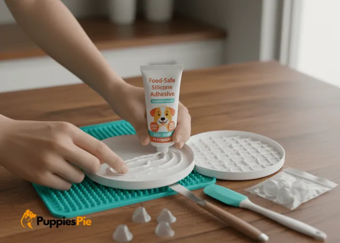 How to Make a Lick Mat at Home (Easy DIY Guide) 2 Creating textured patterns on a homemade dog lick mat using food-safe glue to form wavy lines and grids for longer licking enrichment.