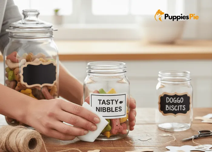 Applying a dog treat jar label smoothly at eye level and tying a fabric tag with twine around the jar’s neck.
