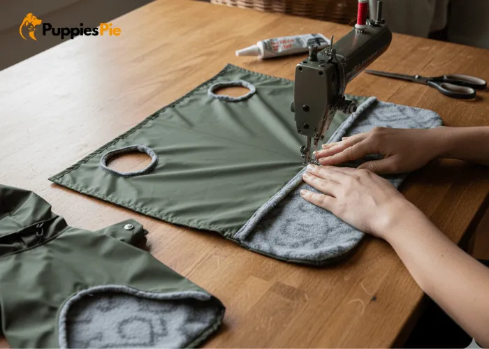 Make a Dog Raincoat at Home: A Step-by-Step DIY Guide 4 Hands assembling homemade dog raincoat by gluing edges and leaving space for neck and leg openings for a comfy fit.