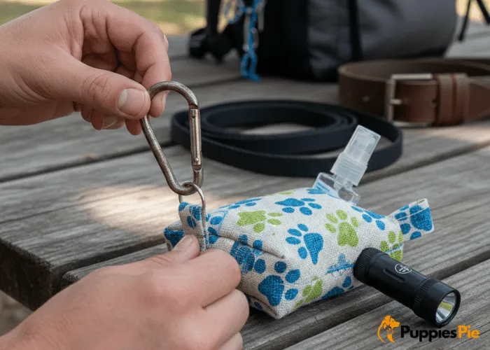 Fabric loop added to the pouch corner with a metal clip attached for easy hooking to a leash or bag.