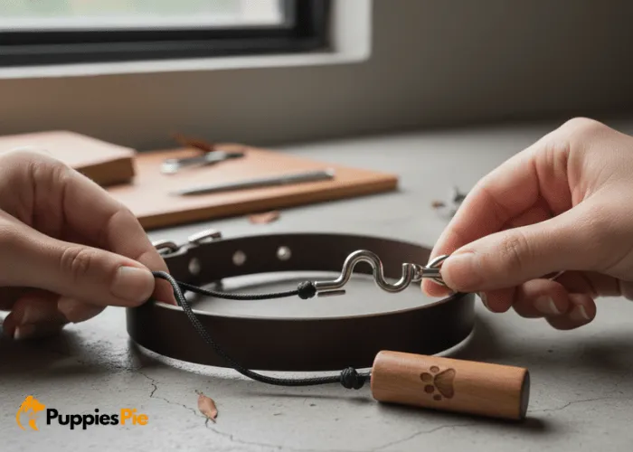 Dog tag being attached to a collar with a simple, sleek split ring.